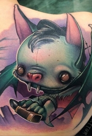 卡通般的彩色3D怪物蝙蝠背部纹身图案