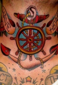 颈部船锚和船舵彩色纹身图案
