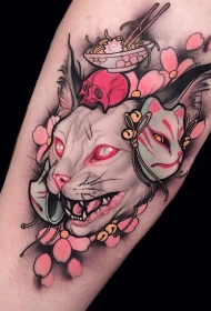 胳膊少女彩色猫骷髅樱花面具纹身图案