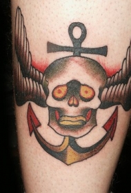 彩色骷髅和船锚翅膀纹身图案