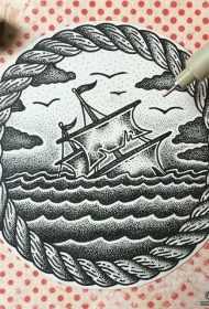 欧美帆船海浪点刺纹身图案手稿