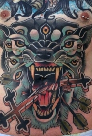 腹部彩色的恶魔狼和断裂十字架纹身图案
