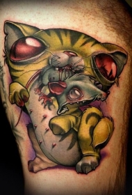 有趣的彩绘3D彩色怪物猫与老鼠纹身图案