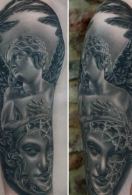 手臂黑色天使与神秘的肖像纹身图案