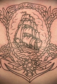 胸部航海艺术帆船花朵纹身图案