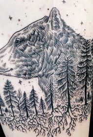 手臂黑色线条熊头与森林纹身图案