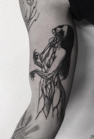 大臂死亡女郎个性的钢笔画线条纹身图案