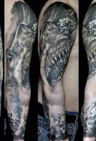 手臂3D风格黑白邪恶的鲨鱼纹身图案