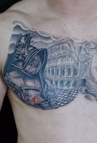 胸部古罗马的角斗士竞技场和天使纹身图案