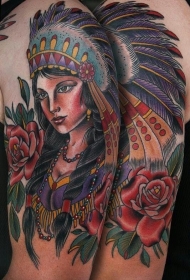 old school手臂彩色原住民女孩肖像和玫瑰纹身图案