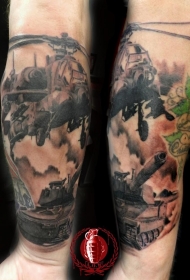 黑灰军事直升机和坦克手臂纹身图案