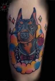 卡通风格的彩色绅士狗和玫瑰手臂纹身图案