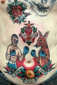 腹部传统风格的彩色袋鼠和拳击手纹身图案