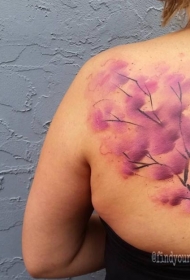 背部抽象风格的粉红色花卉纹身图案