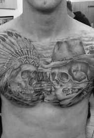 胸部黑白西部牛仔和印度酋长骷髅纹身图案
