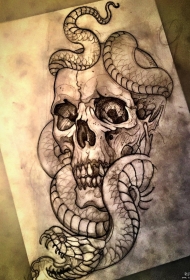 school骷髅蛇纹身图案手稿
