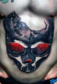腹部令人震惊的3D彩色损坏骷髅纹身图案