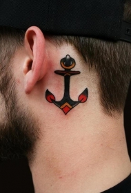 耳后彩色的船锚个性纹身图案