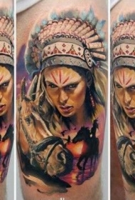 大腿彩色的印第安人肖像纹身图案