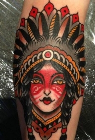 彩色的印第安人女孩头像纹身图案