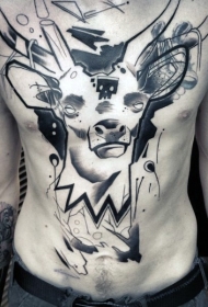 腹部抽象风格黑白神秘鹿与骷髅纹身图案
