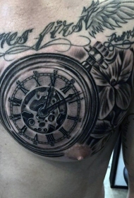 胸部3D逼真的时钟和花朵纹身图案