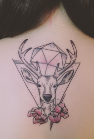 背部麋鹿几何线条点刺彩绘花蕊纹身图案