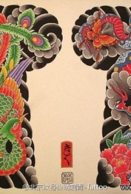 日式传统凤凰蛇花朵半甲纹身图案手稿
