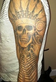 手臂黑白印度酋长骷髅纹身图案