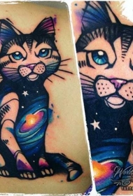 背部3D风格五颜六色的有趣猫和银河纹身图案
