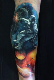 3D彩色太空与宇航员小腿纹身图案