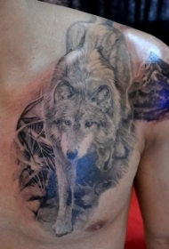 3D逼真的苍狼和山路胸部纹身图案