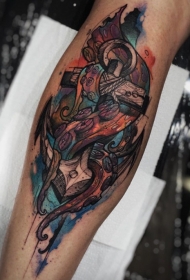 小腿色彩鲜艳的章鱼和船锚纹身图案