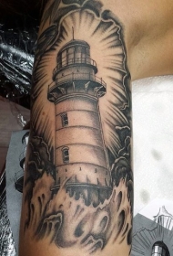 灰色的灯塔和海浪手臂纹身图案
