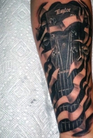 手臂3D黑白撕皮吉他纹身图案
