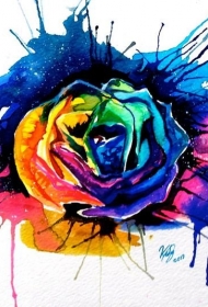 欧美彩色泼墨纹身玫瑰图案手稿