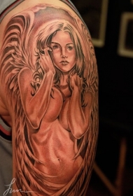 手臂手绘的黑白性感天使人纹身图案