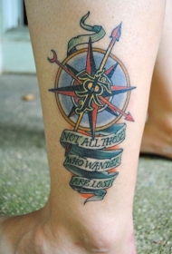 航海主题丰富多彩的指南针和字母脚踝纹身图案