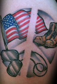 大腿彩色的美国国旗与士兵靴和狗标签纹身图案
