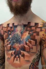 胸部惊人的3D彩色几何和太空行星纹身图案