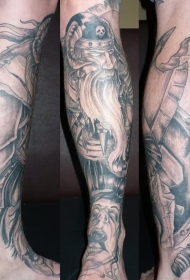 小腿恐怖的神秘恶魔战士纹身图案