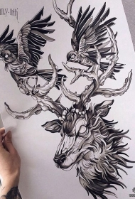 欧美school鸟麋鹿纹身图案手稿