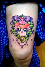 大腿可爱的小动物与蝴蝶结彩色纹身图案