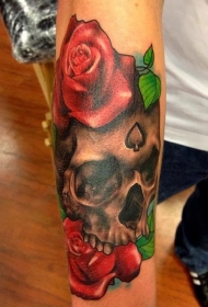 小臂3D写实骷髅与红色玫瑰纹身图案