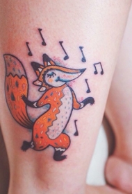 有趣的卡通舞蹈狐狸和音符彩色脚踝纹身图案