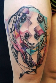 水彩风格的熊猫大腿纹身图案