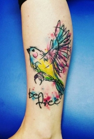 有趣的水彩泼墨小鸟和字母脚踝纹身图案