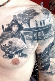 半甲日本景观和武士肖像纹身图案