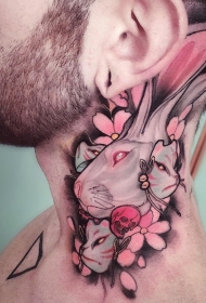 男性颈部彩色兔子猫面具纹身图案