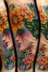 new school彩色的女人花朵和小动物手臂纹身图案